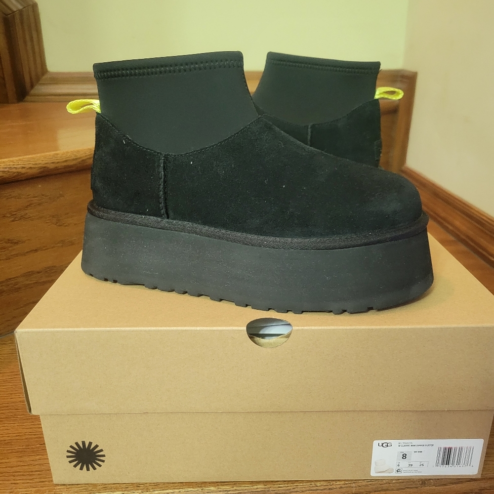 UGG "Mini Dipper" suede cozy ankle booties with stretch neoprene sock collar